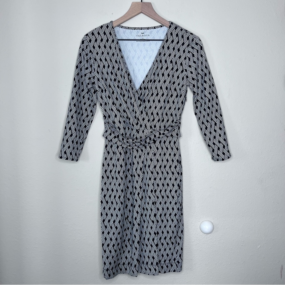 Talbots Women's Black White Geometric Faux Wrap Dress Size XS Spandex Work wear